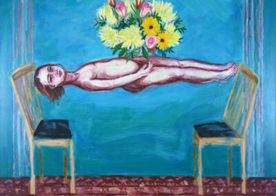 Debbie Lee, Magic and Hysteria, Levitation with Flowers, oil on canvas, 91cm x 122cm, 2021