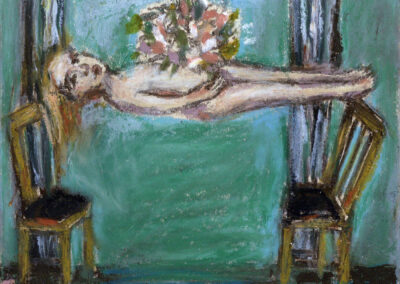 Debbie Lee, Levitation with Flowers, oil pastel on etching, 12cm x 9cm, 2021