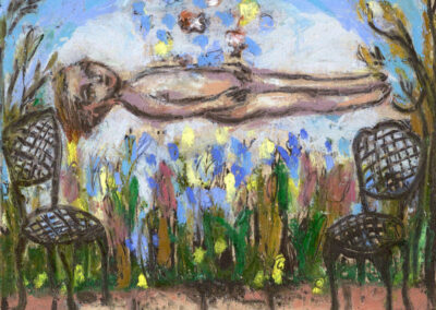 Debbie Lee, Levitation with Butterflies, oil pastel on etching, 12cm x 9cm, 2021