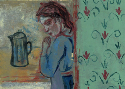 Debbie Lee, At Home, Time for Coffee, oil on metal, 21cm x 14cm, 2020