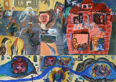 Debbie Lee, Window to the Imagination, Teaching the Birds, oil on canvas 2 panels, 92cm x 122cm, 1998