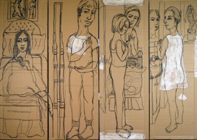 Debbie Lee, Cardboard Screen, back mixed media on cardboard, 151cm x 216cm, 2020
